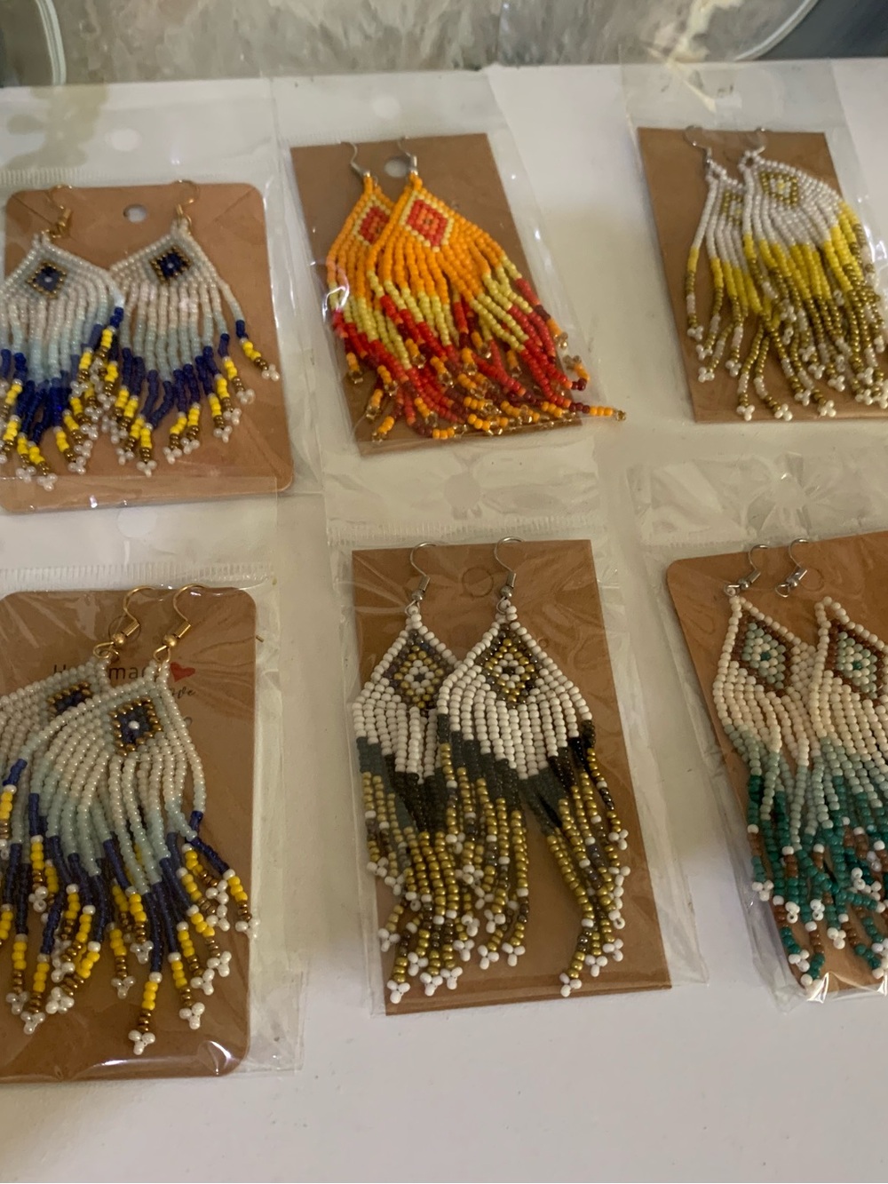 6 pairs Beaded Fringe Earrings in White and Gold - Handcrafted Women’s Jewelry